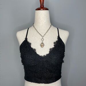 ANGL Lacy Cropped Tank Top Size S Black Lace Criss Cross Straps Silky Lining